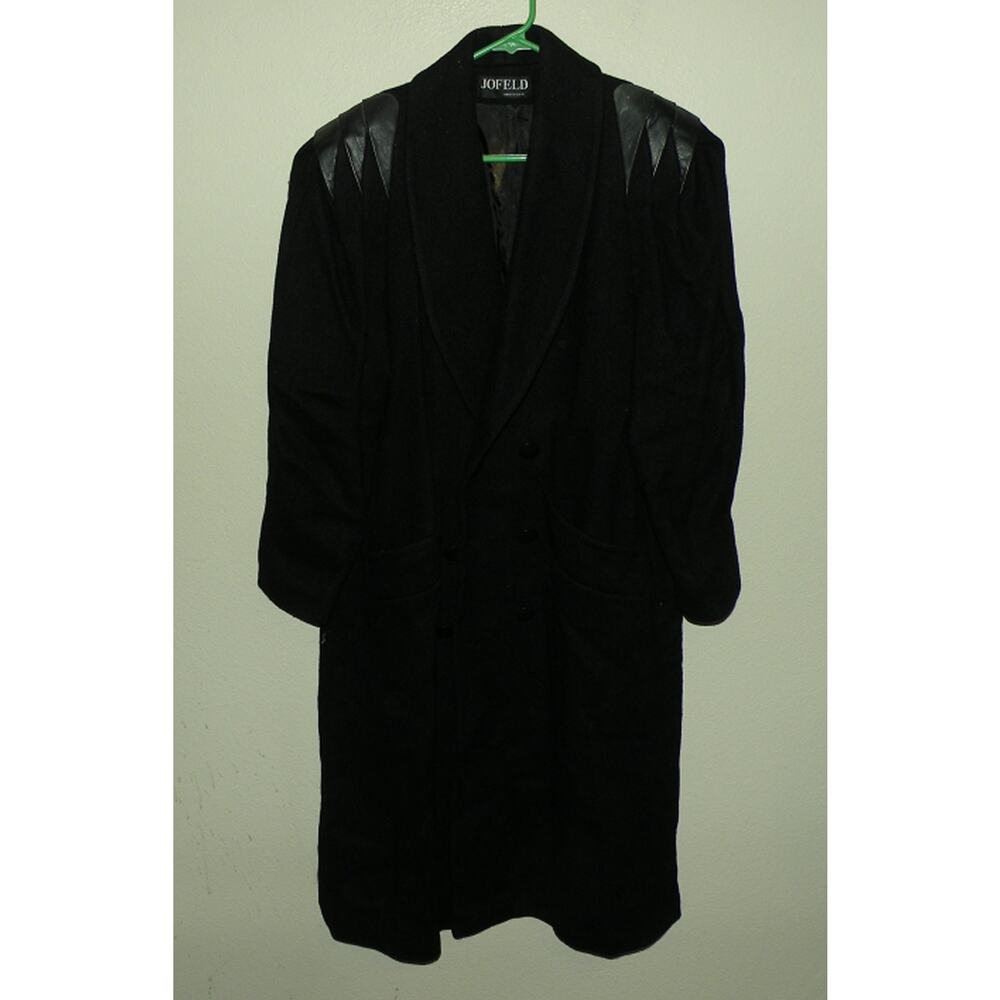 Vtg Jofeld Womens Long Trench Coat Wool Andover Fabric Double Breasted Black USA